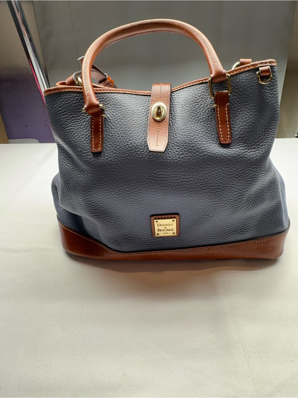 Dooney & Bourke Blue Leather Tote with Brown Trim